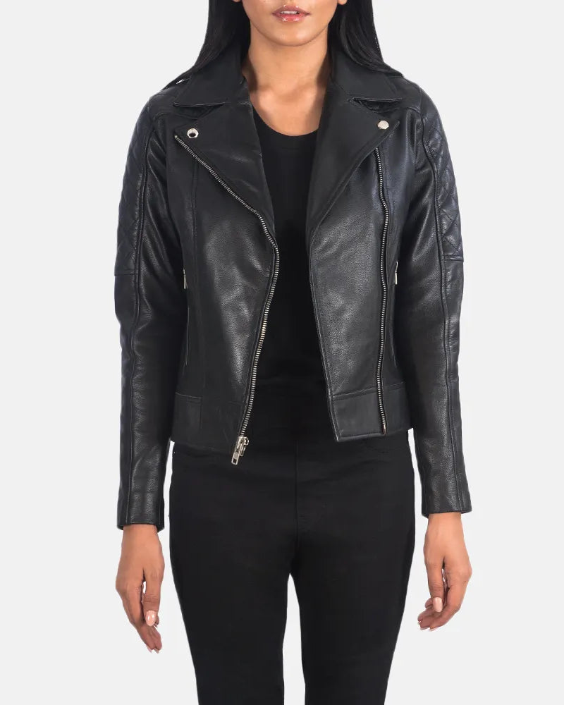 Stylish black leather motorcycle riders jacket made from genuine leather.