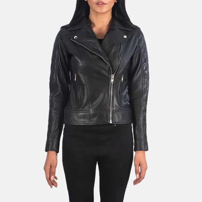 Stylish black leather motorcycle riders jacket made from genuine leather.