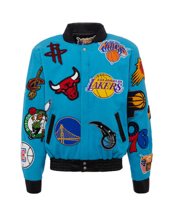 NBA Collage Baby Blue Wool & Leather Jacket