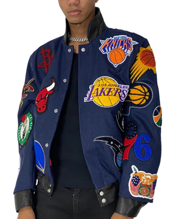 NBA Collage Denim Blue Wool & Leather Jacket