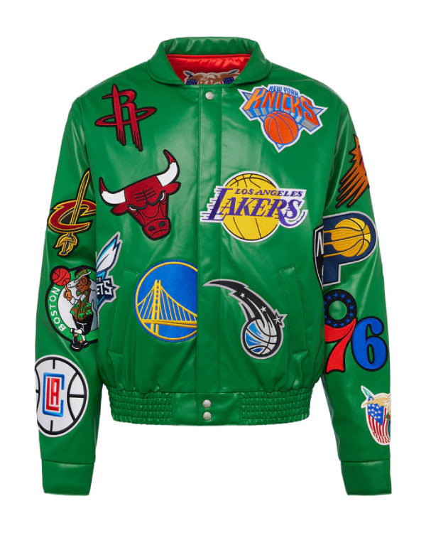 NBA Collage Kelly Green Vegan Leather Jacket