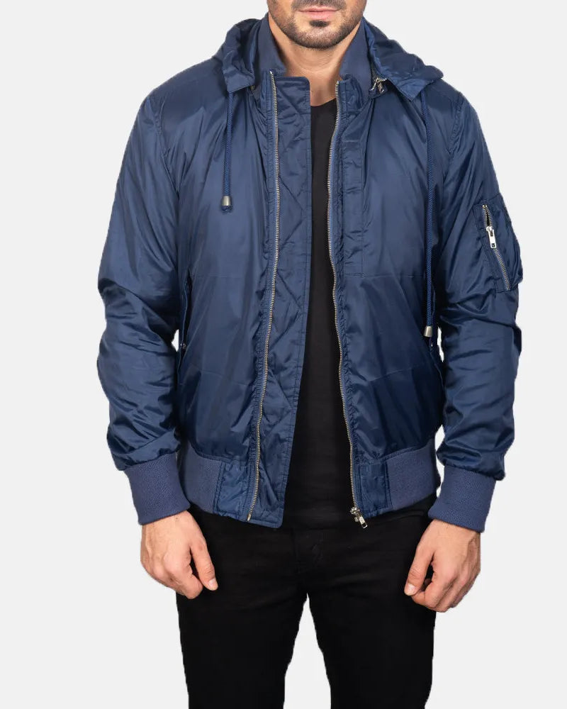 Get the ideal $220 Navy Blue Bomber Jacket with a detachable nylon hood. Get a chic and adaptable item for your wardrobe by shopping now.