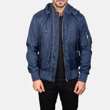 Get the ideal $220 Navy Blue Bomber Jacket with a detachable nylon hood. Get a chic and adaptable item for your wardrobe by shopping now.