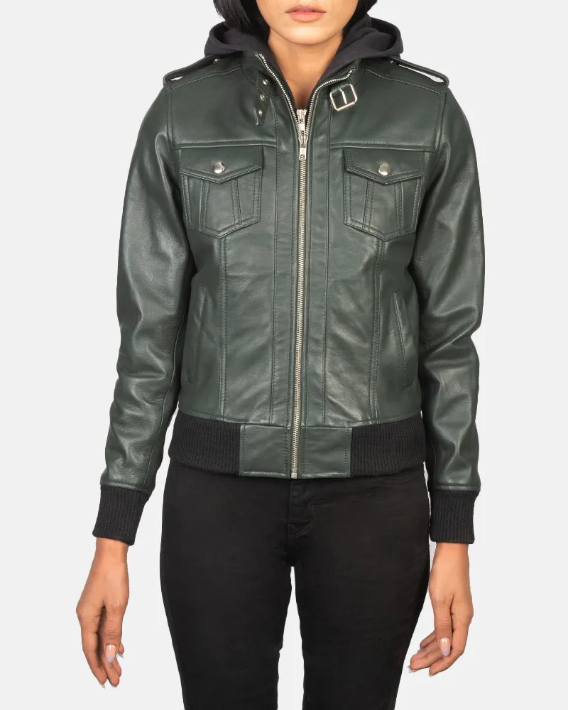 A stylish leather Olive Green Jacket Women with a hood