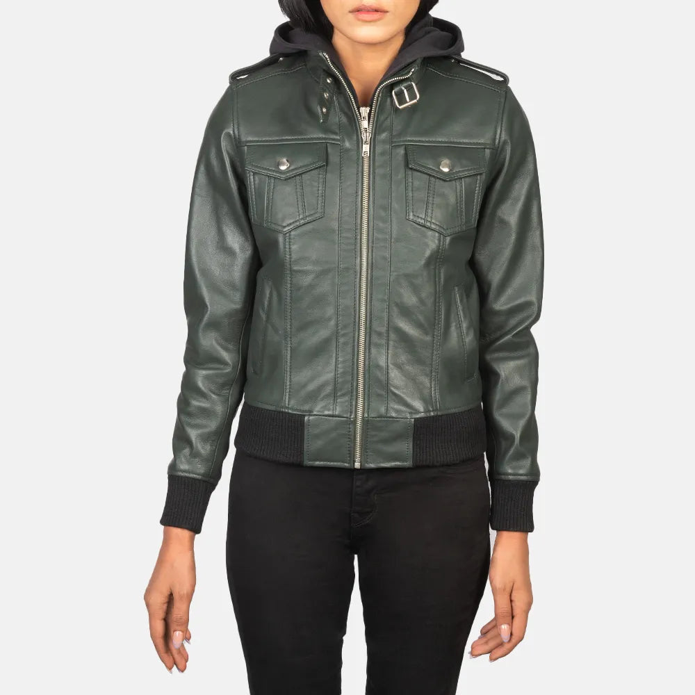 A stylish leather Olive Green Jacket Women with a hood