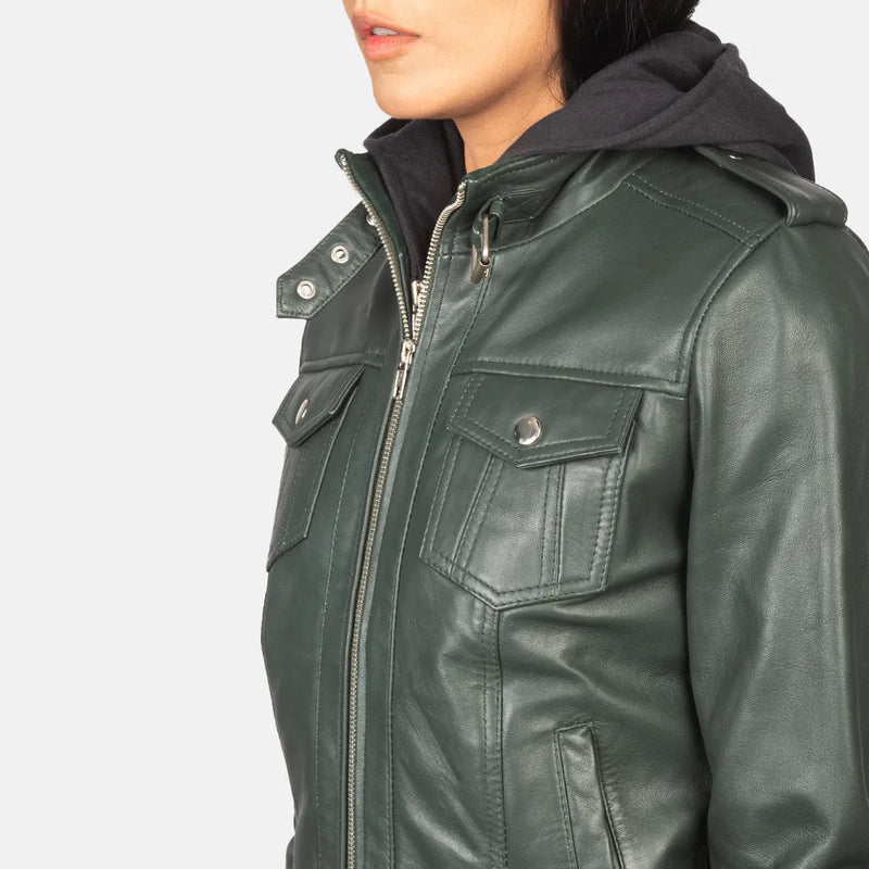 A stylish leather Olive Green Jacket Women with a hood