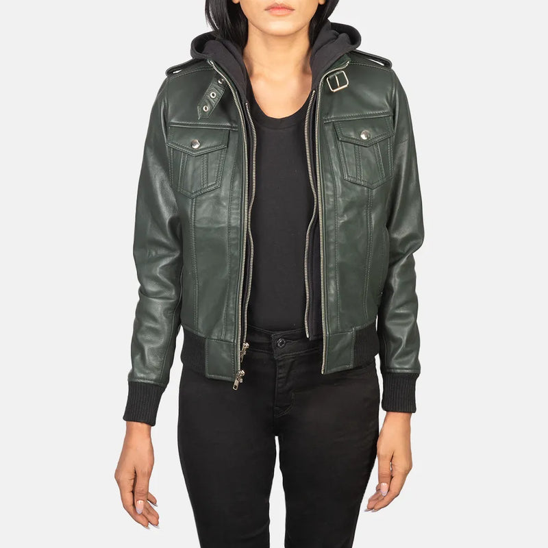 A stylish leather Olive Green Jacket Women with a hood