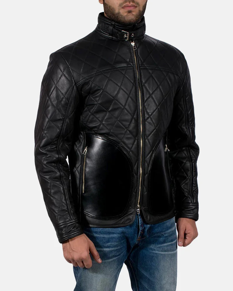 A stylish quilted black leather jacket with a zipper and a collar, perfect for adding a touch of coolness to any outfit.