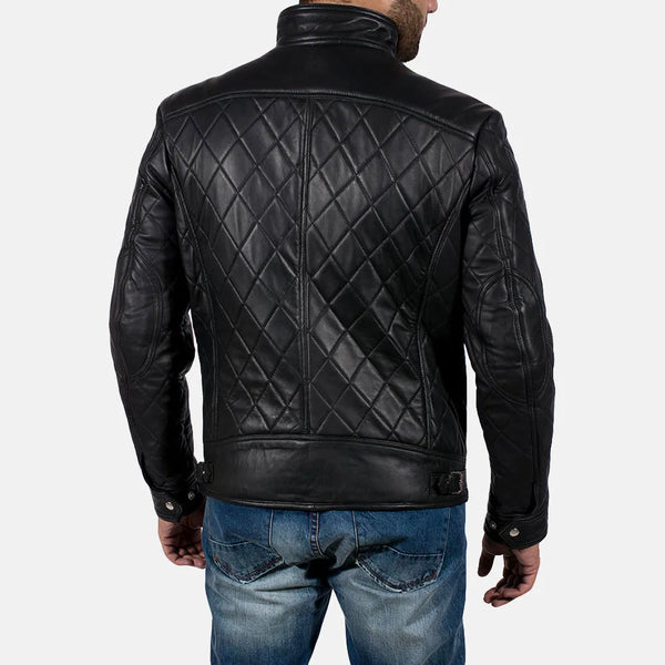 A stylish quilted black leather jacket with a zipper and a collar, perfect for adding a touch of coolness to any outfit.