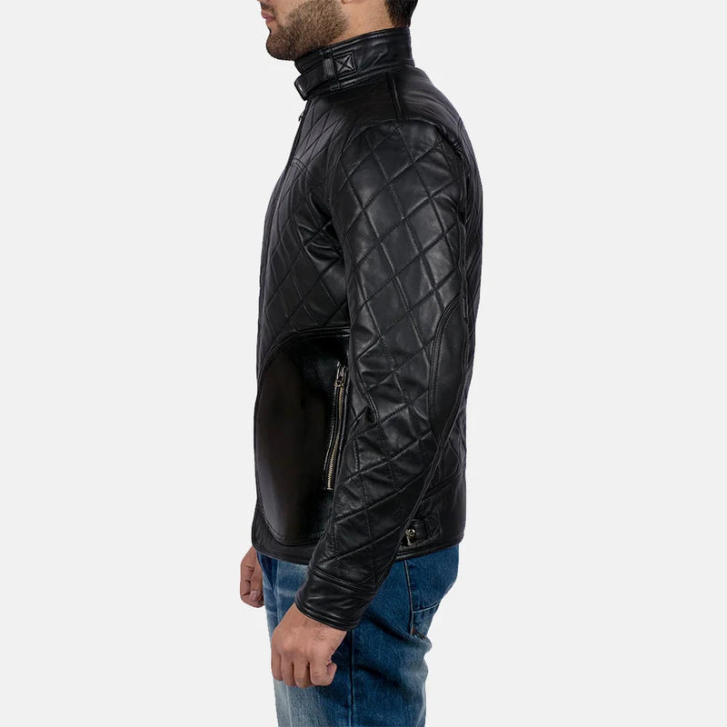 A stylish quilted black leather jacket with a zipper and a collar, perfect for adding a touch of coolness to any outfit.