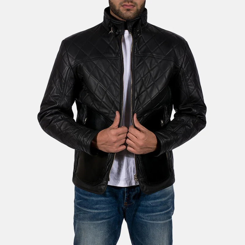 A stylish quilted black leather jacket with a zipper and a collar, perfect for adding a touch of coolness to any outfit.