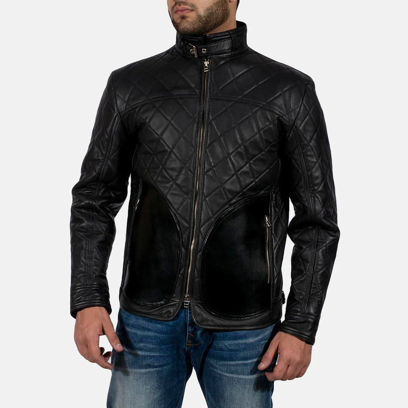 A stylish quilted black leather jacket with a zipper and a collar, perfect for adding a touch of coolness to any outfit.