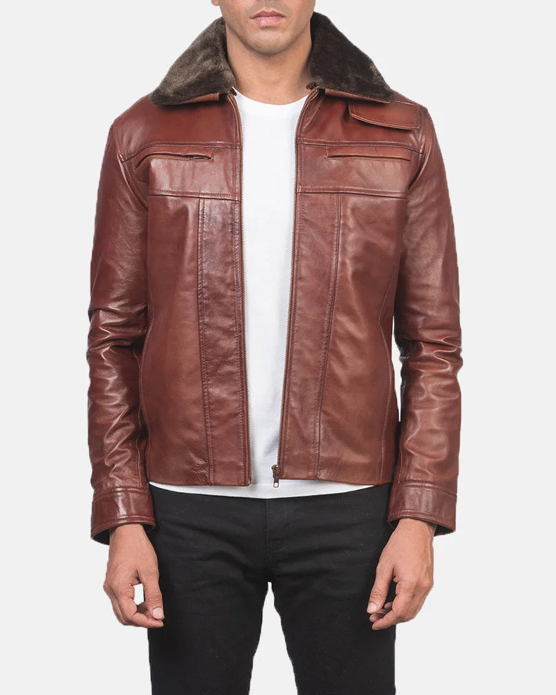 Stylish quilted brown leather jacket with zipper details, perfect for a cool and edgy look.