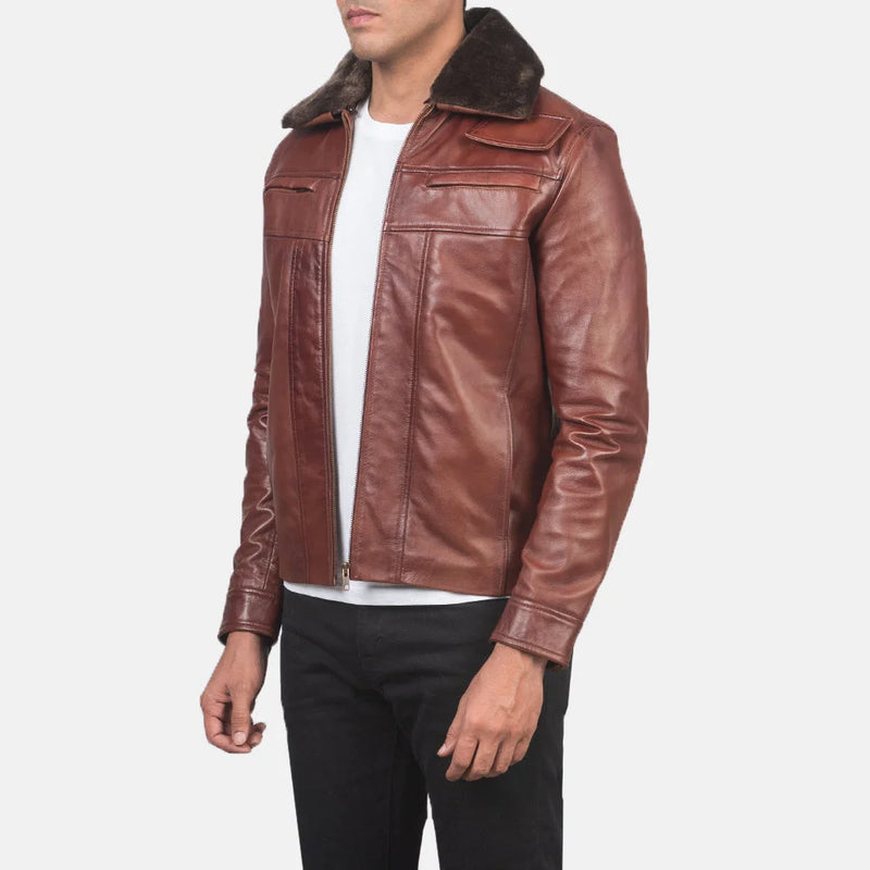 Stylish quilted brown leather jacket with zipper details, perfect for a cool and edgy look.