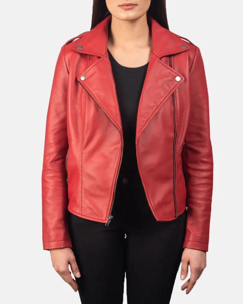 Stylish red biker jacket women's, perfect for a trendy and edgy look.