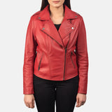 Stylish red biker jacket women's, perfect for a trendy and edgy look.