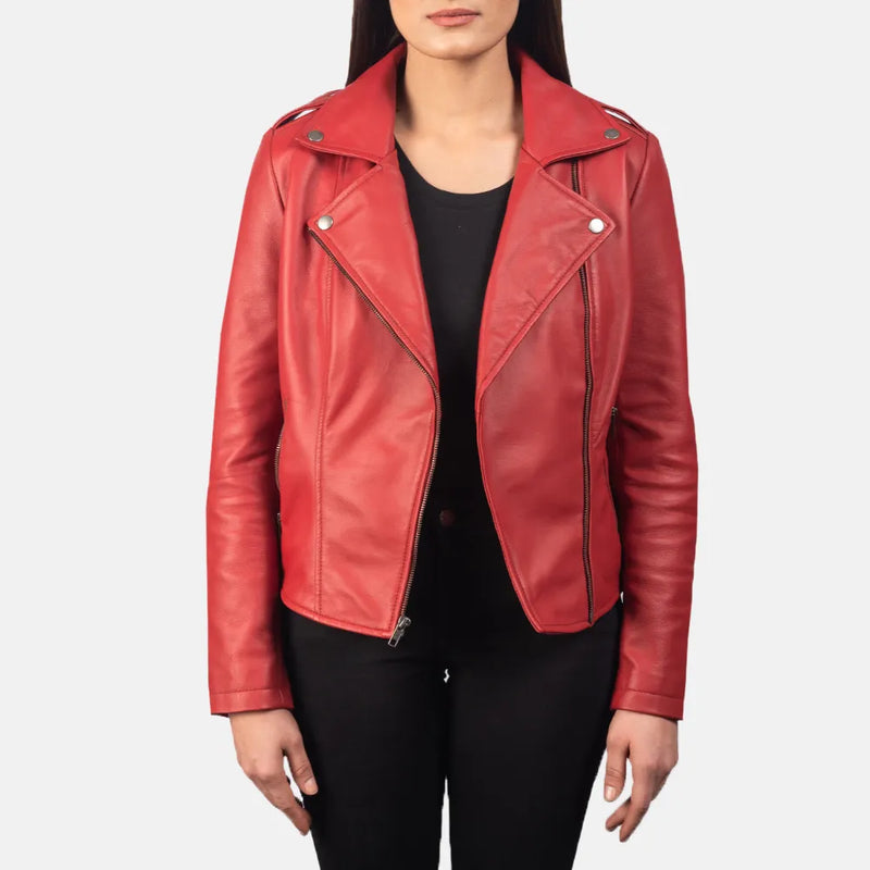Stylish red biker jacket women's, perfect for a trendy and edgy look.