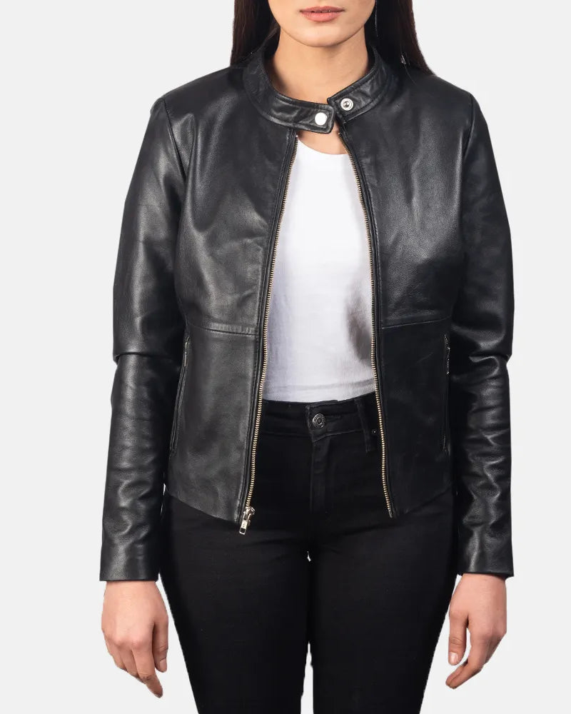 Stylish black Rider Motorcycle Jacket for women with zipper accents on the sleeves.