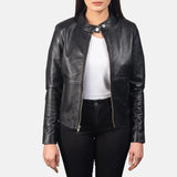 Stylish black Rider Motorcycle Jacket for women with zipper accents on the sleeves.