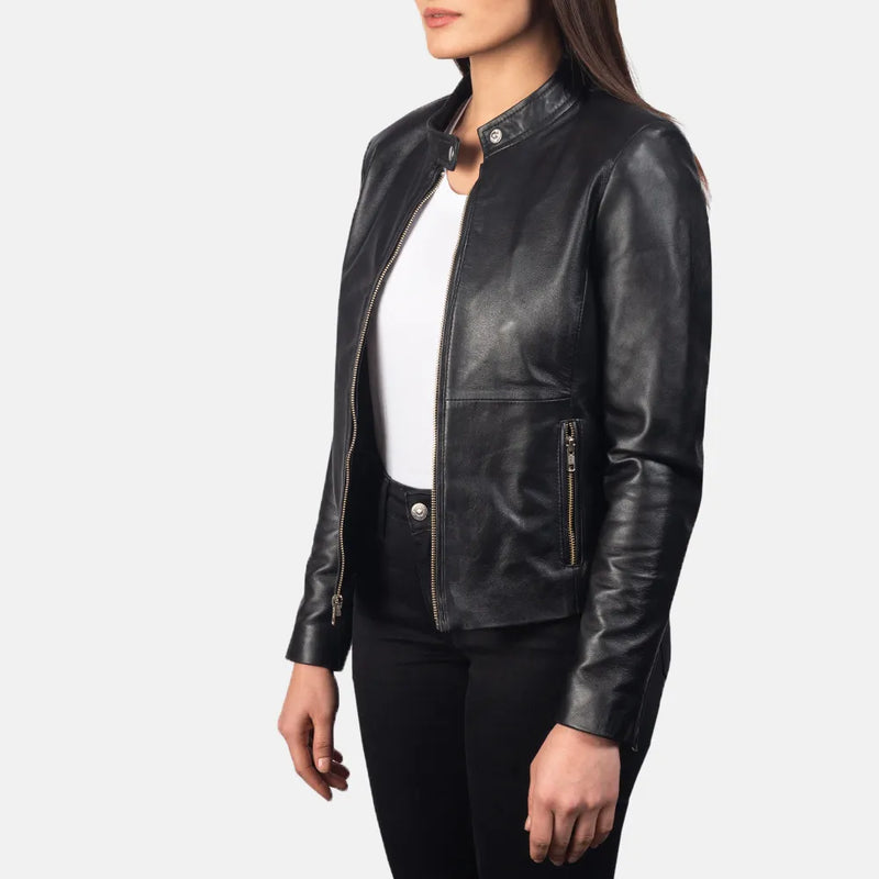Stylish black Rider Motorcycle Jacket for women with zipper accents on the sleeves.