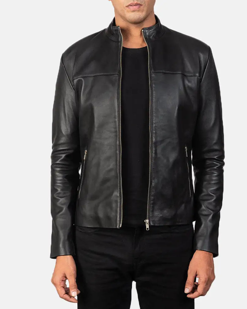 Stylish black Leather Jacket for Bike with silver hardware and zipper details.