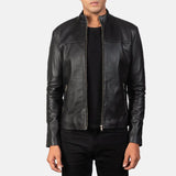 Stylish black Leather Jacket for Bike with silver hardware and zipper details.