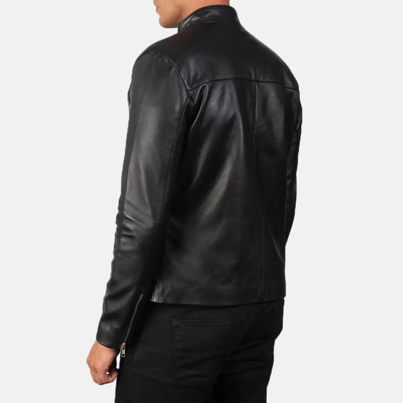 Stylish black Leather Jacket for Bike with silver hardware and zipper details.