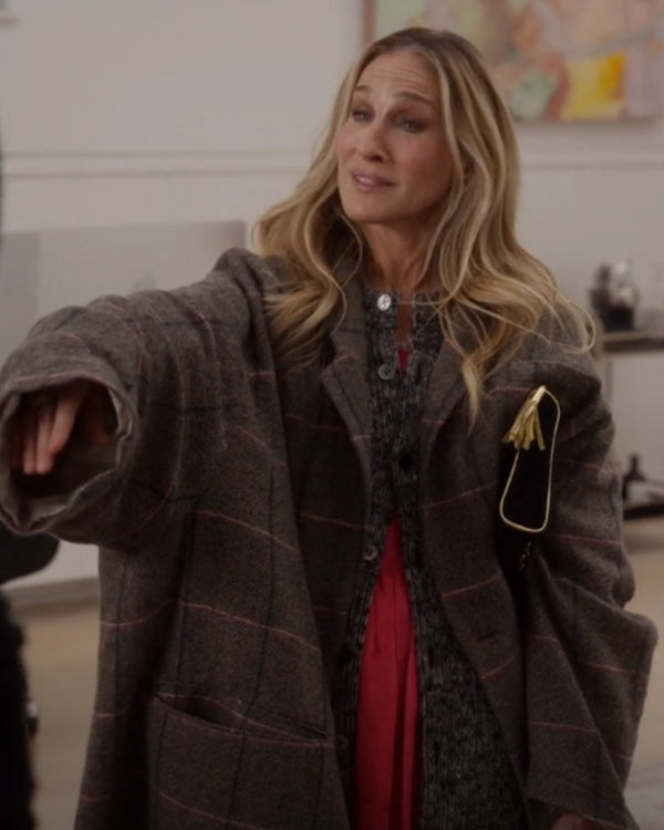 And Just Like S02 Carrie Bradshaw Grey Oversized Plaid Coat