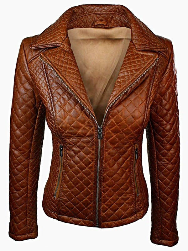 Tan Brown Women Quilted Sheepskin Leather Jacket