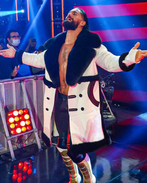 Wrestler Seth Colby Lopez Black Faux Fur Collar White Coat