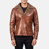 Stylish brown shearling bomber jacket crafted from sheepskin leather. A timeless wardrobe staple.