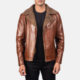 Stylish brown shearling bomber jacket crafted from sheepskin leather. A timeless wardrobe staple.