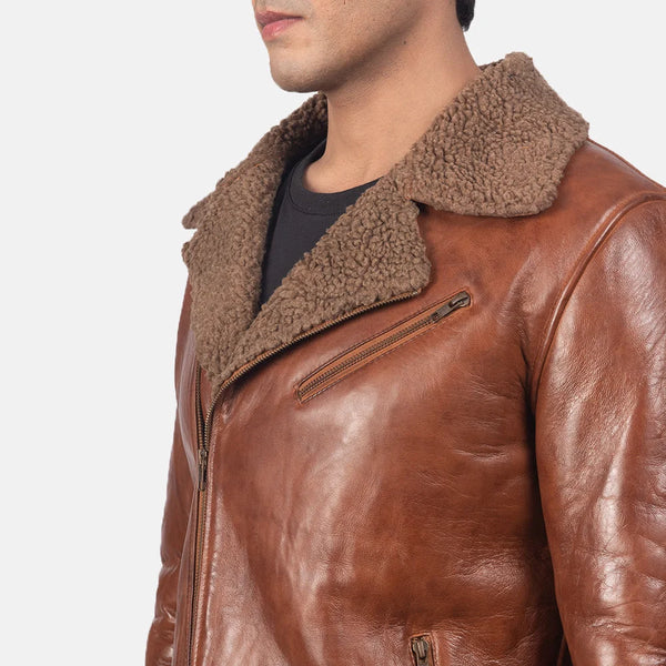 Stylish brown shearling bomber jacket crafted from sheepskin leather. A timeless wardrobe staple.