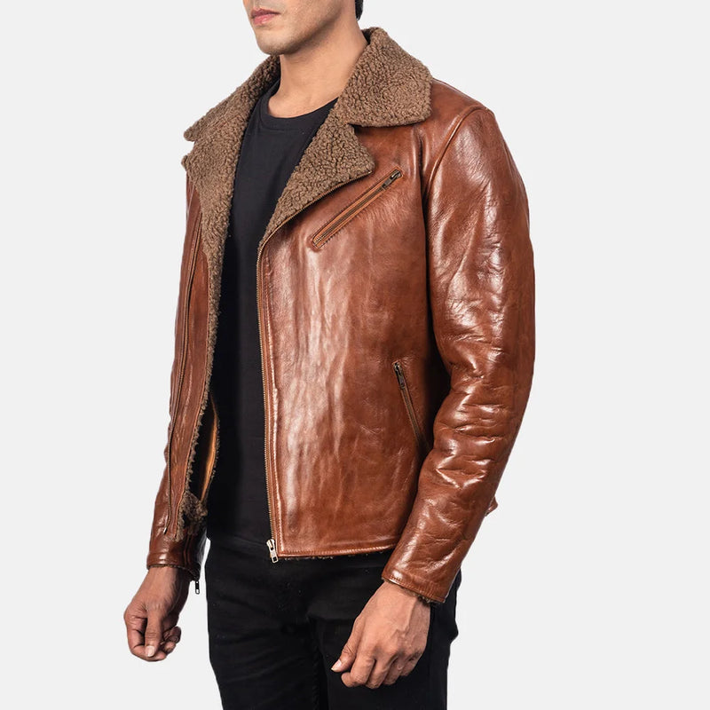 Stylish brown shearling bomber jacket crafted from sheepskin leather. A timeless wardrobe staple.