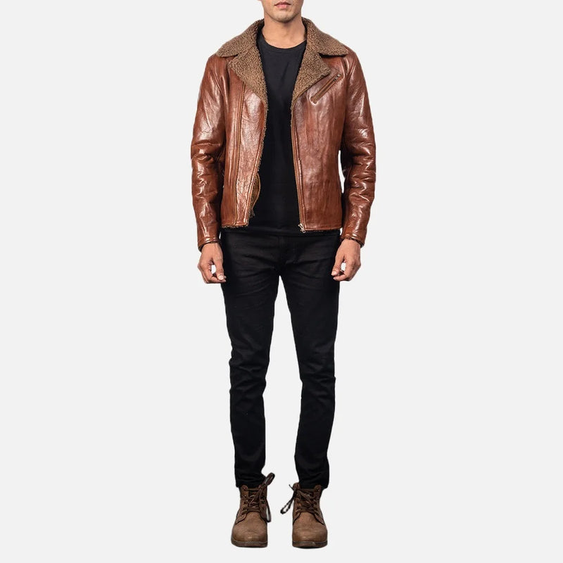 Stylish brown shearling bomber jacket crafted from sheepskin leather. A timeless wardrobe staple.