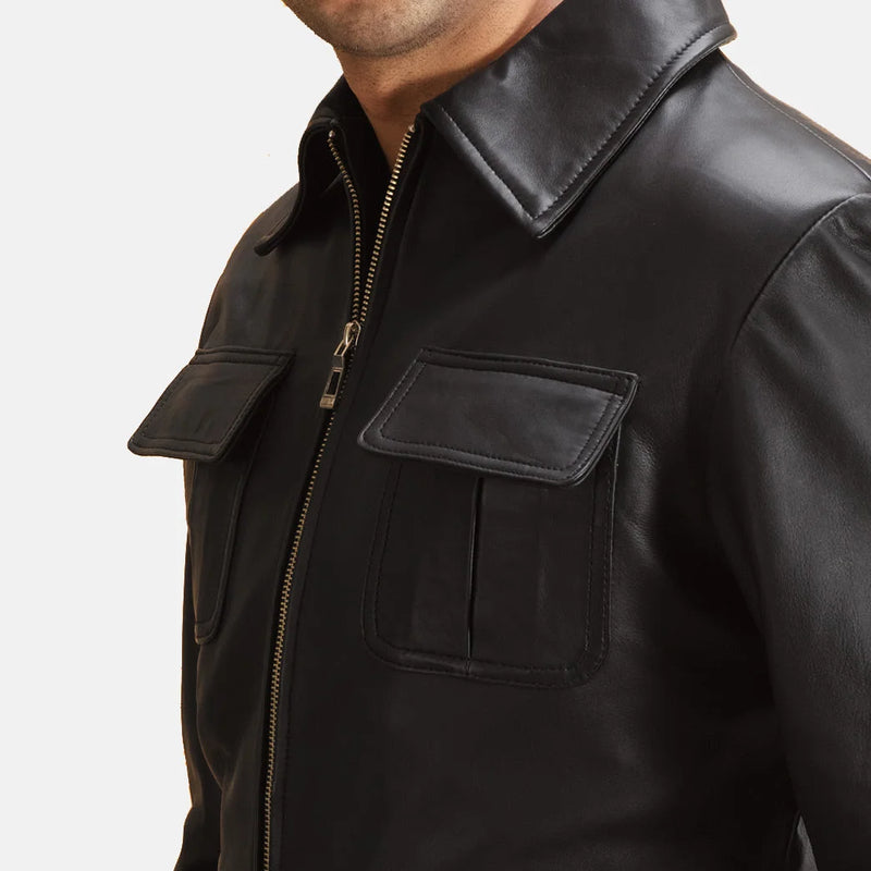  A fashionable man wearing a sleek black sheepskin leather jacket, looking cool and edgy.