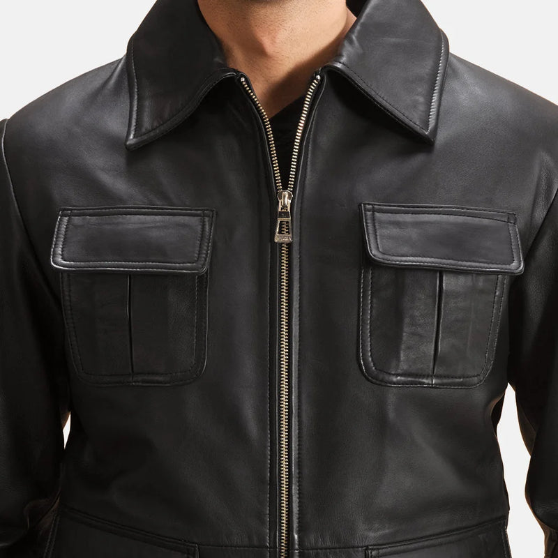  A fashionable man wearing a sleek black sheepskin leather jacket, looking cool and edgy.