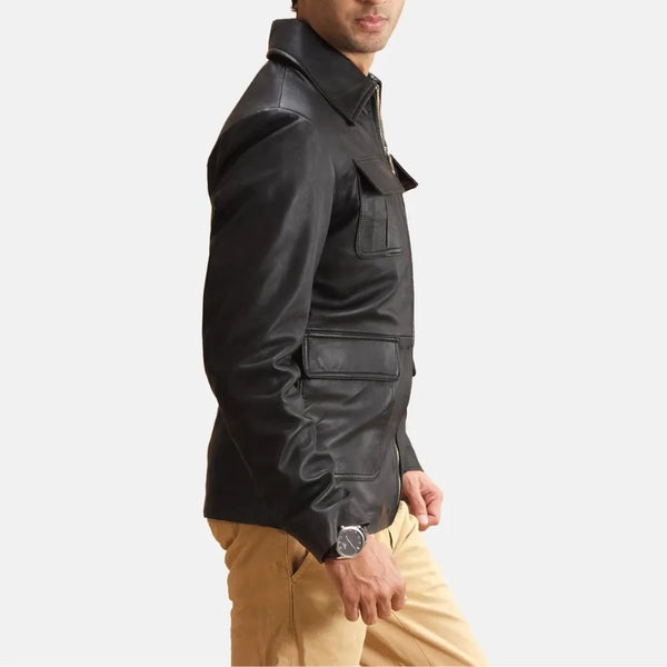  A fashionable man wearing a sleek black sheepskin leather jacket, looking cool and edgy.