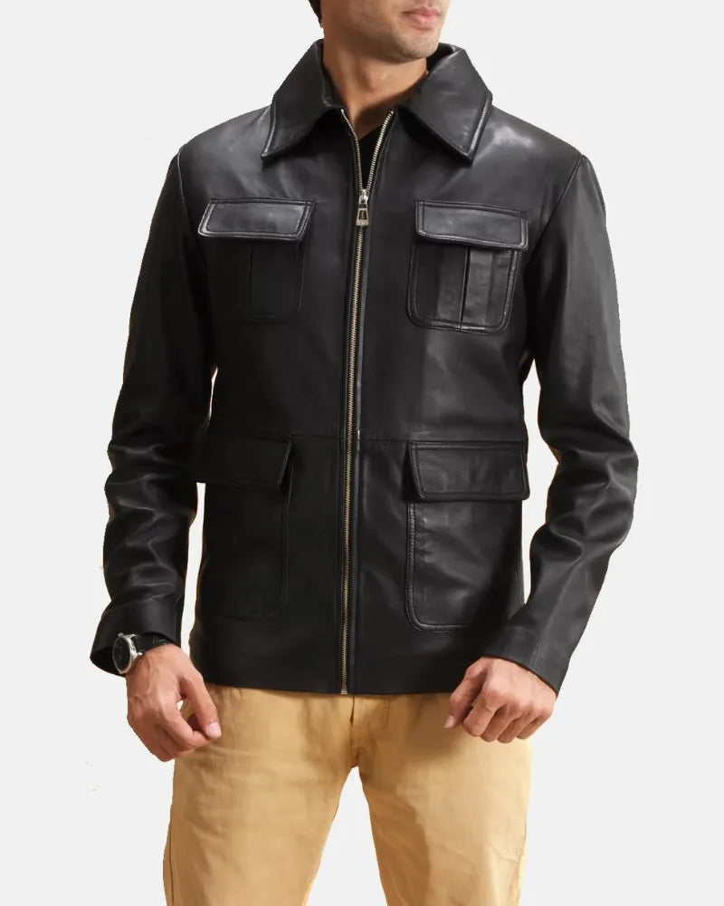  A fashionable man wearing a sleek black sheepskin leather jacket, looking cool and edgy.