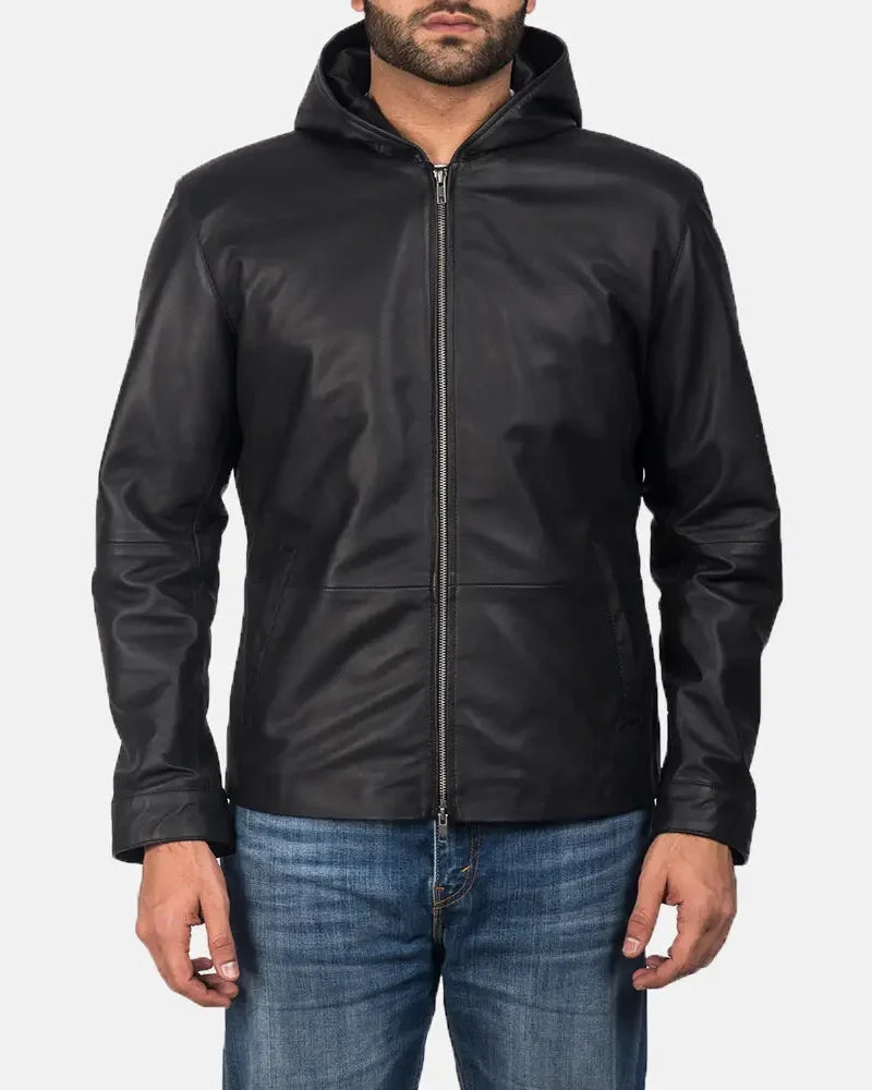 A stylish black hooded sheepskin bomber jacket, perfect for men. This coat is a must-have.