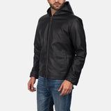 A stylish black hooded sheepskin bomber jacket, perfect for men. This coat is a must-have.