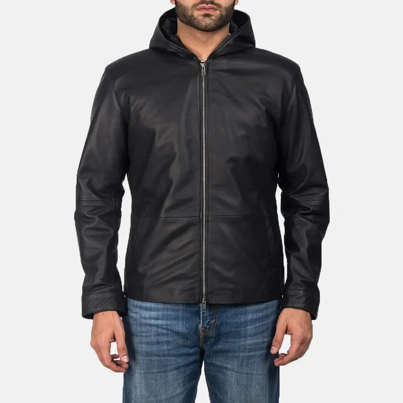 A stylish black hooded sheepskin bomber jacket, perfect for men. This coat is a must-have.
