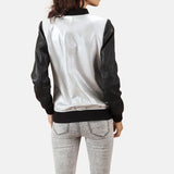 A stylish silver leather jacket women with a white and black design