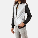 A stylish silver leather jacket women with a white and black design