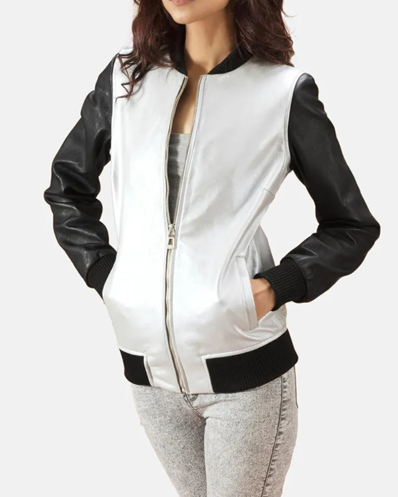 A stylish silver leather jacket women with a white and black design