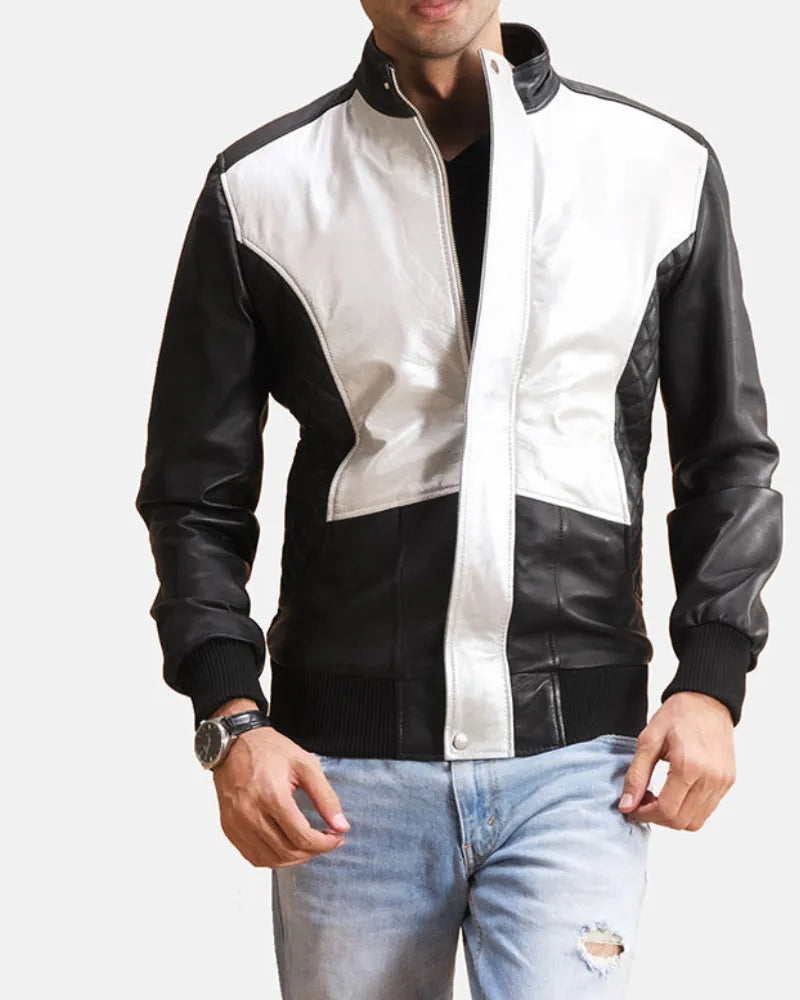 Elevate your look with this stylish black and silver leather jacket.