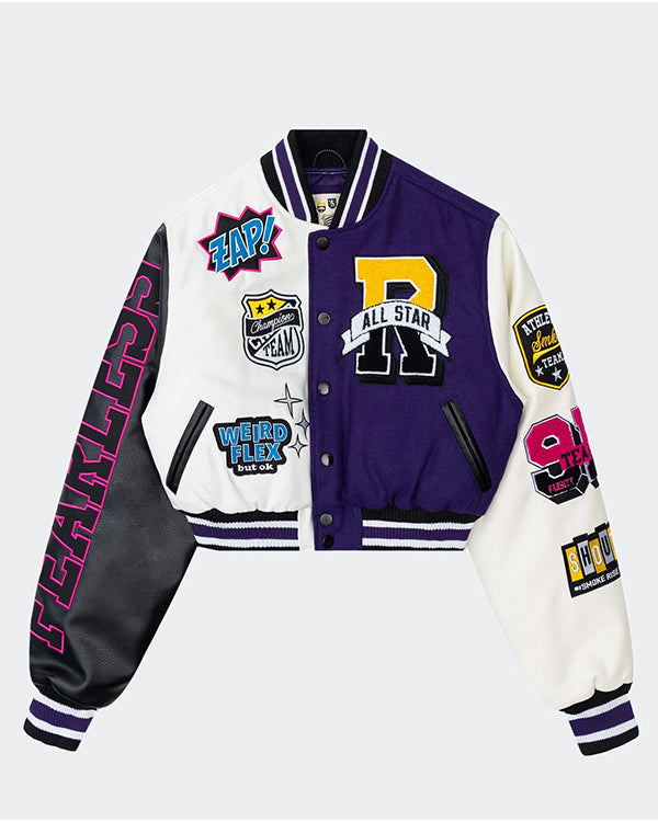 Smoke Rise Red Melton Purple Cropped Varsity Jacket