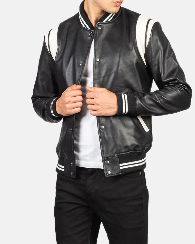 Classic striped leather jacket with distressed patches and front pockets.