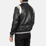  Classic striped leather jacket with distressed patches and front pockets.