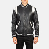  Classic striped leather jacket with distressed patches and front pockets.